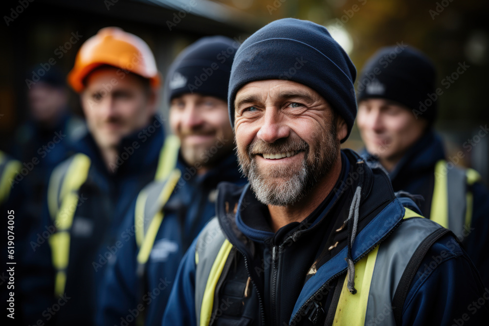 Construction workers aged 35-45 wearing safety gear. Happy construction team working at the construction site. Construction workers aged 35-45 wearing safety gear. Happy construction team working at the construction site.