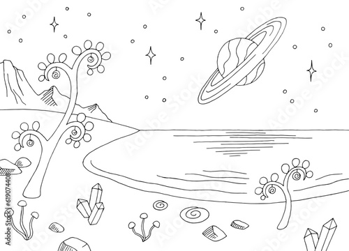Alien planet sea coast graphic black white space landscape sketch illustration vector