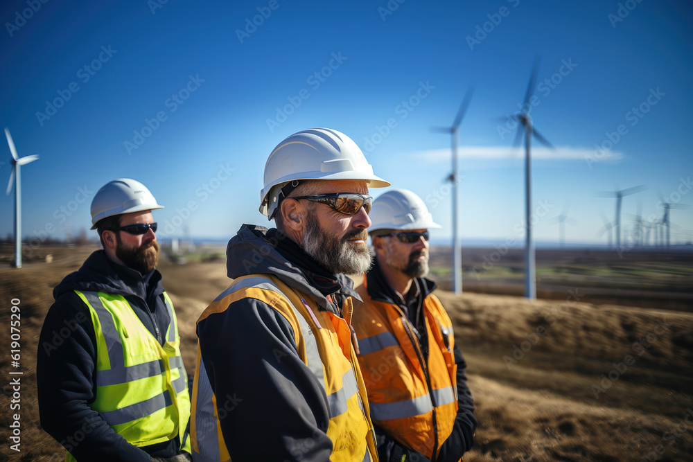 Three environmental workers in the field of wind power generation Work together on sustainable energy projects maintenance and Inspect wind turbines to support green energy initiatives. Three environmental workers in the field of wind power generation Work together on sustainable energy projects maintenance and Inspect wind turbines to support green energy initiatives.