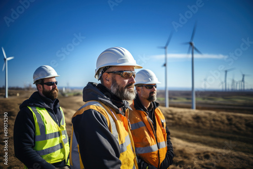 Three environmental workers in the field of wind power generation Work together on sustainable energy projects maintenance and Inspect wind turbines to support green energy initiatives.