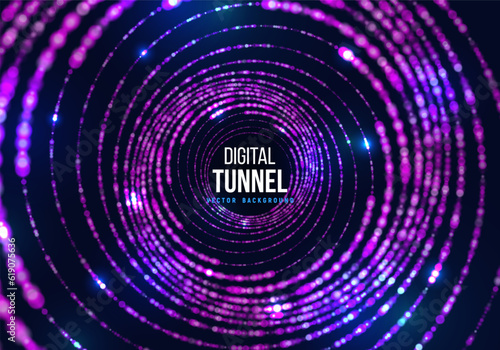 Portal with light effects. Neon particles tunnel. Abstract technology background. Vector illustration.