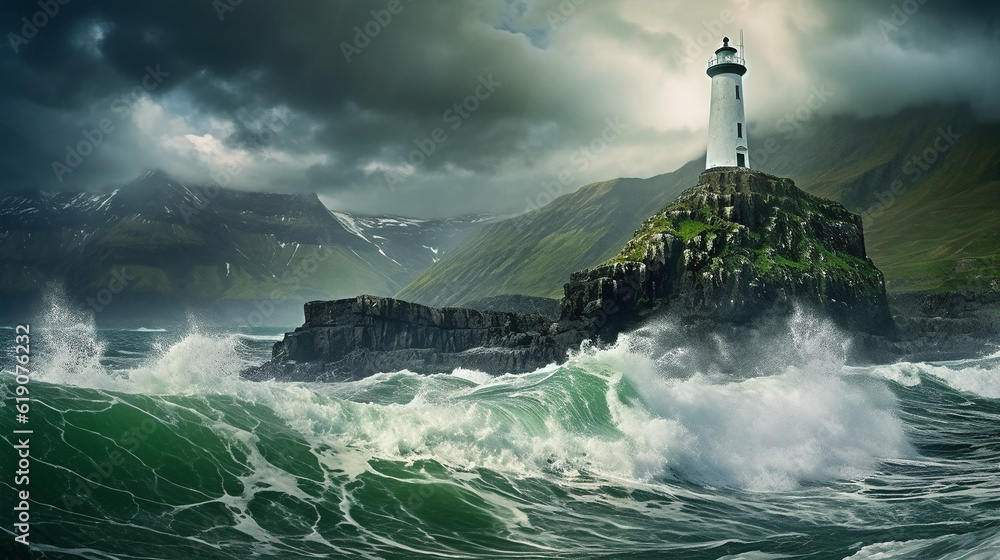 Green landscape with the lighthouse on a stormy day