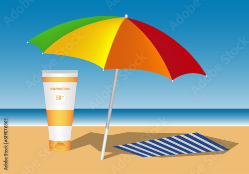  Anuncio de crema de protección solar con el paisaje de una playa de arena, sombrilla de colores y toalla de rayas en azul y blanco