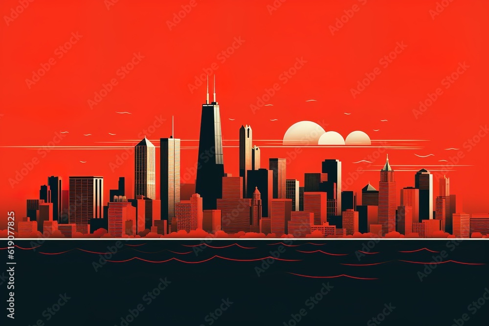 Obraz premium chicago city skyline at sunset, generative ai