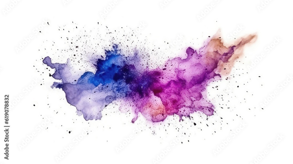 Fototapeta premium Splash of galaxy and stars ink on white surface. Purple and blue paint splatters on a white background, created with Generative Ai Technology