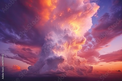 Sunset sky with pink and purple and orange cloud. Beautiful sunset with a dramatic cloud formation in the sky, created with Generative Ai Technology