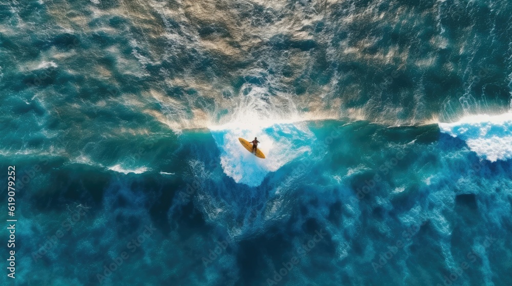 Top view of wave suffering with blue water and single white wave, created with Generative Ai Technology