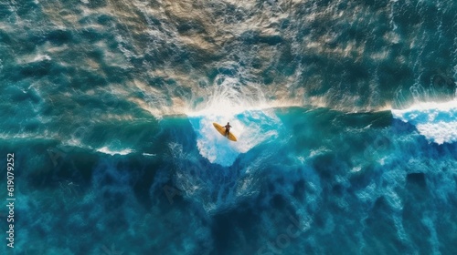 Top view of wave suffering with blue water and single white wave, created with Generative Ai Technology © pham
