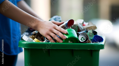 hands holding a recycling bin filled with various recyclable items. Generative AI