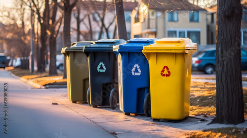 Three compartment waste bin with the recycling sign affixed to them on a clean street, day time Generative AI