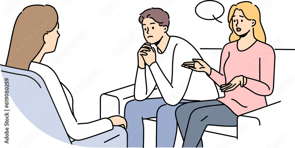 Couple at family therapist in office, sitting on couch talking about problems and quarrels Couple at family therapist in office, sitting on couch talking about problems and quarrels