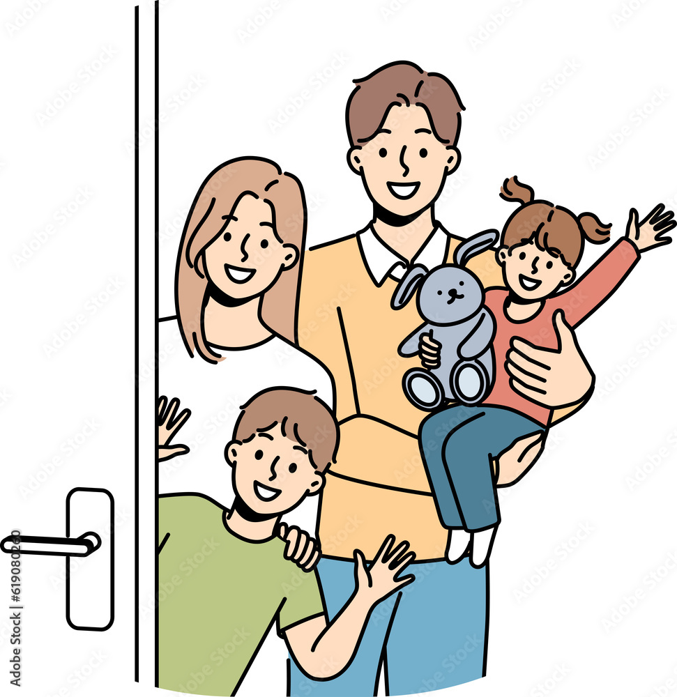 Family with children stands near door, inviting guests to banquet and waving hands in greeting Family with children stands near door, inviting guests to banquet and waving hands in greeting