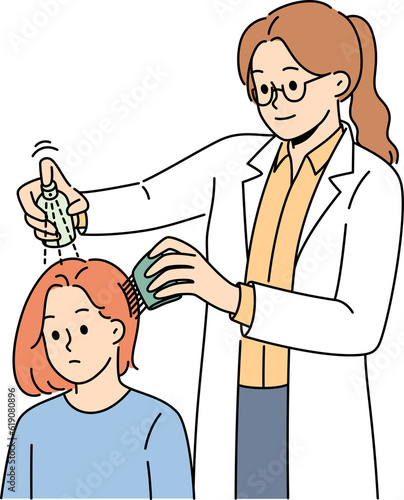 Girl with lice in hair at doctors appointment using spray and comb to treat and fight nits