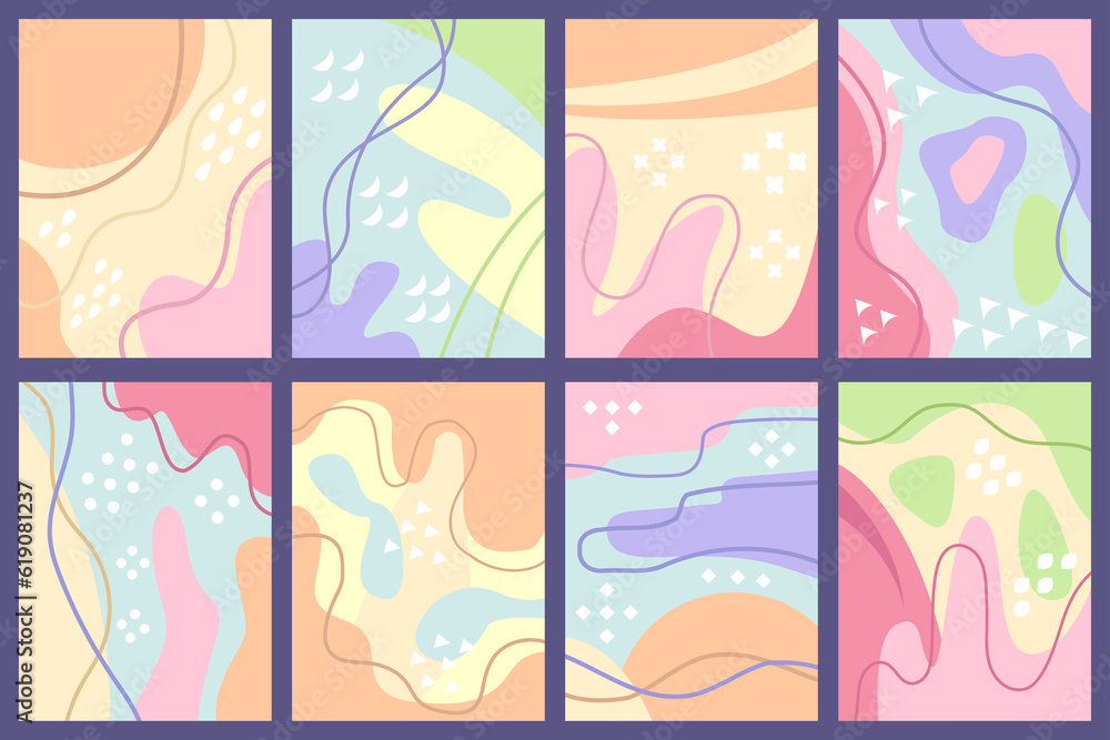 Modern doodle patterns with organic shapes, fluids, and lines. Abstract flat vector backgrounds for your designs. Copy space, empty for text and images.