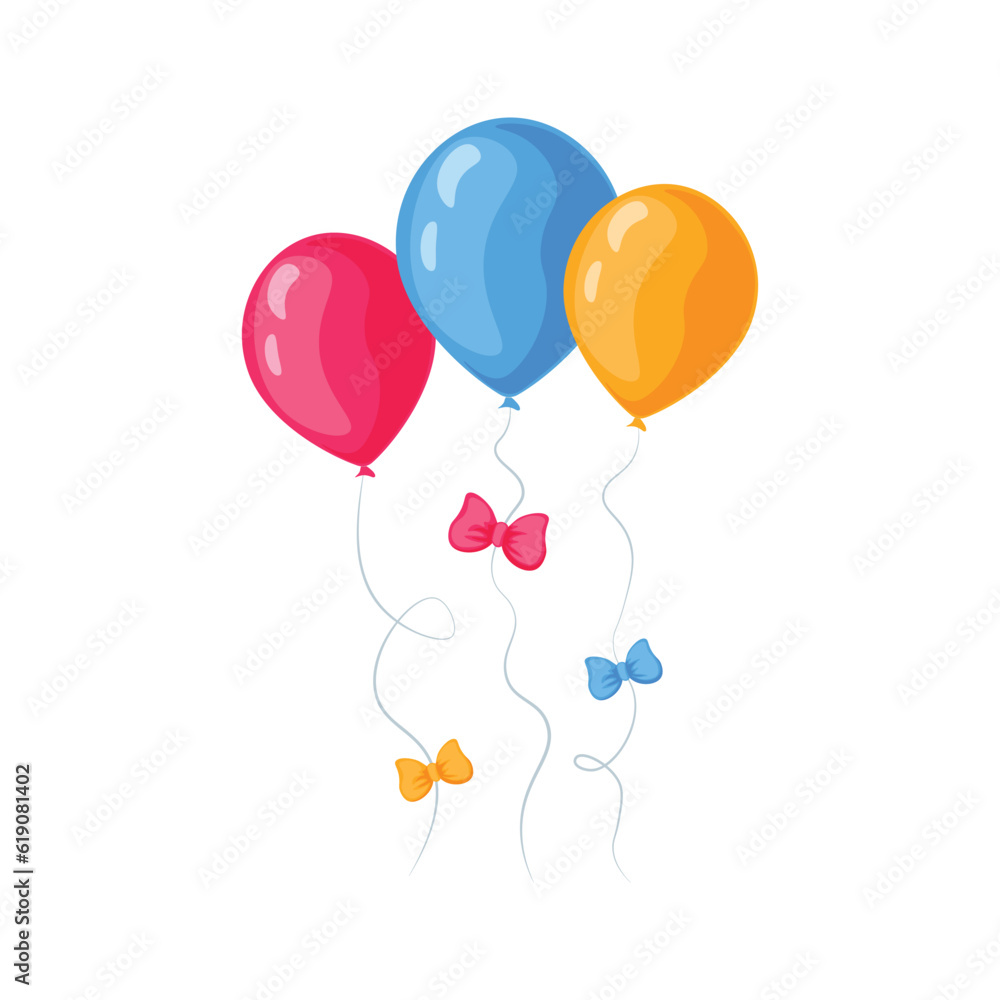 Balloons. Bright colorful balloons in cartoon style. Festive balloons with colored bows. Vector illustration