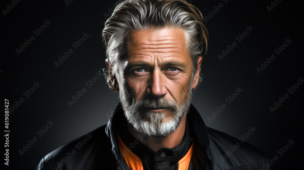 Obraz premium Stylish close-up portrait of a handsome middle-aged man. Generative AI.