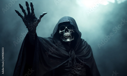 creepy evil skeleton night horror halloween hood death fear ghost. Generative AI.