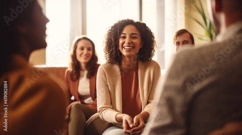 Professional therapists conduct an open group session and a comforting smile, emphasizing the importance of mental health and counseling. Generative ai