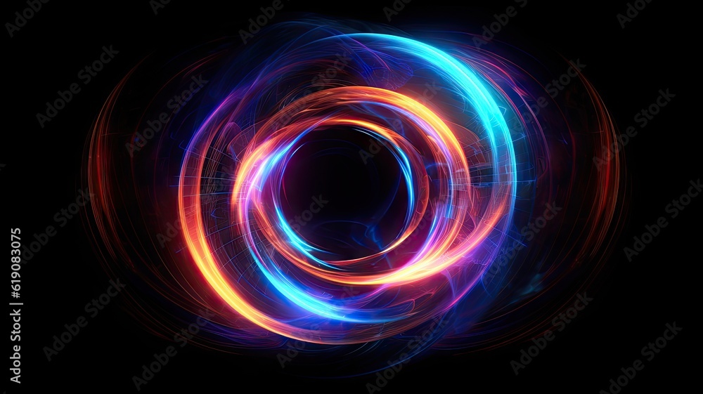 Obraz premium Vortex of neon lights with black hole center isolated on black background, created with Generative Ai Technology