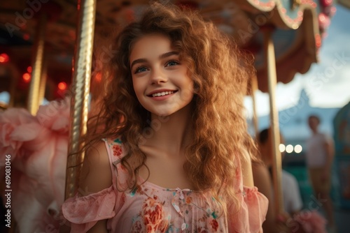 A young girl was excited and happy while on a carousel, merry-go-round, and having fun during summer vacation at an amusement park. Generative ai.