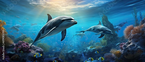 A photorealistic underwater composition showcasing a dramatic encounter between a curious dolphin and a school of shimmering fish, capturing the beauty and harmony of marine life. Generative AI.  © Dannchez