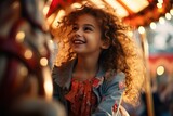 A young girl was excited and happy while on a carousel, merry-go-round, and having fun during summer vacation at an amusement park. Generative ai.