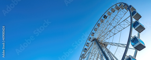 Ferris wheel. Observation attraction on background sky. Ferris wheel with cabins for visitors. Attraction for viewing city from height. Copy space near ferris wheel. Space for text on blue