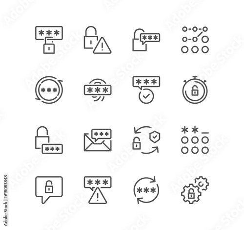 Set of password related icons, security alert, key, authorization, password combination, finger print and linear variety symbols. 