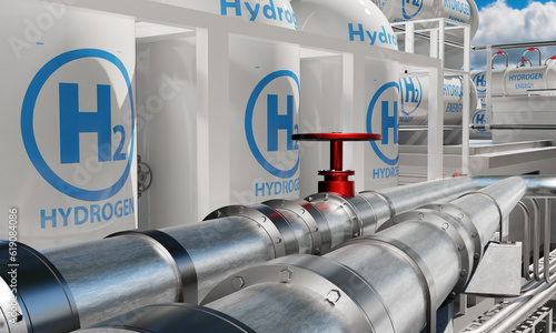 Hydrogen equipment. H2 energy. Pipeline for supplying hydrogen. Tanks with H2 logo. Hydrogen energy factory. Production of clean fuel. Sustainable energy. Regenerative power technologies. 3d image