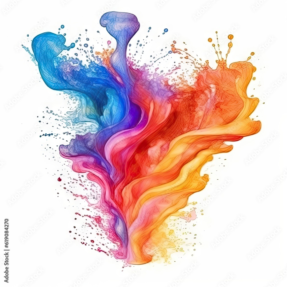 Watercolor rainbow ink splashing isolated on white background, created with Generative Ai Technology