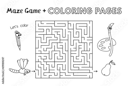 Cartoon dragonfly maze game. Vector coloring book pages for children