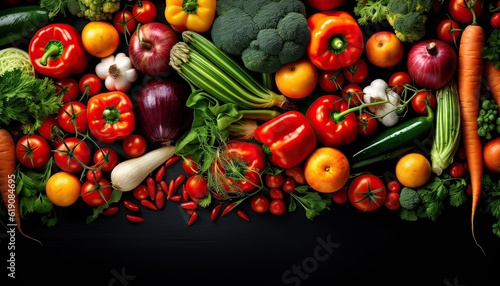 organic harvest vegetables. Vegetarian ingredients for cooking on dark rustic wooden background  top view