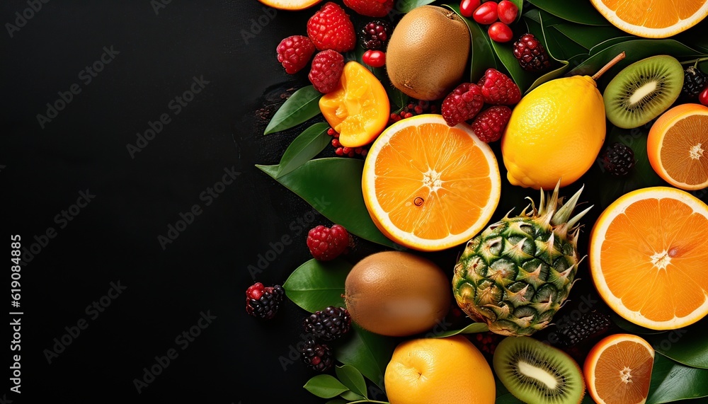 Generative AI illustration of fresh tropical fruits on dark rustic wooden background