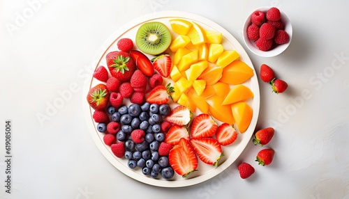 healthy raw rainbow fruits background, mango papaya strawberries oranges passion fruits berries on oval serving plate on light kitchen top, top view