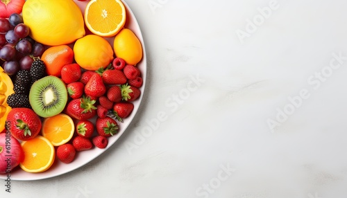 healthy raw rainbow fruits background  mango papaya strawberries oranges passion fruits berries on oval serving plate on light kitchen top  top view