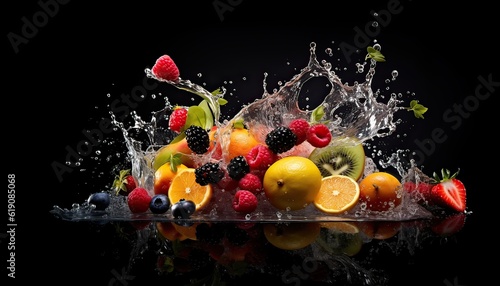 a assortment of fresh fruits and water splashes and fly on dark background