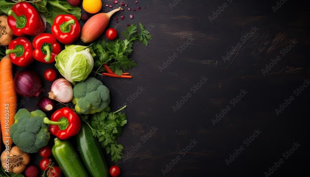 organic harvest vegetables. Vegetarian ingredients for cooking on dark rustic wooden background, top view