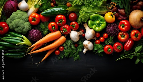 organic harvest vegetables. Vegetarian ingredients for cooking on dark rustic wooden background, top view © CravenA