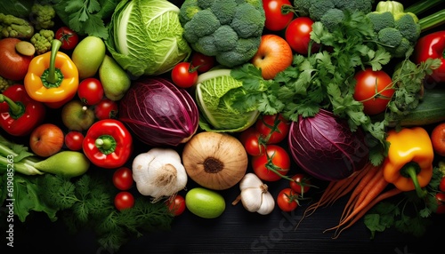organic harvest vegetables. Vegetarian ingredients for cooking on dark rustic wooden background  top view