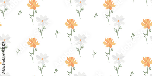 Seamless pattern of chamomile and aster flowers. Delicate spring seamless pattern for printing on fabric and paper.