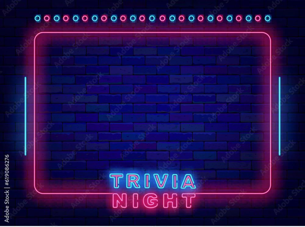 Trivia night neon frame. Quiz competition. Game event. Night club shiny