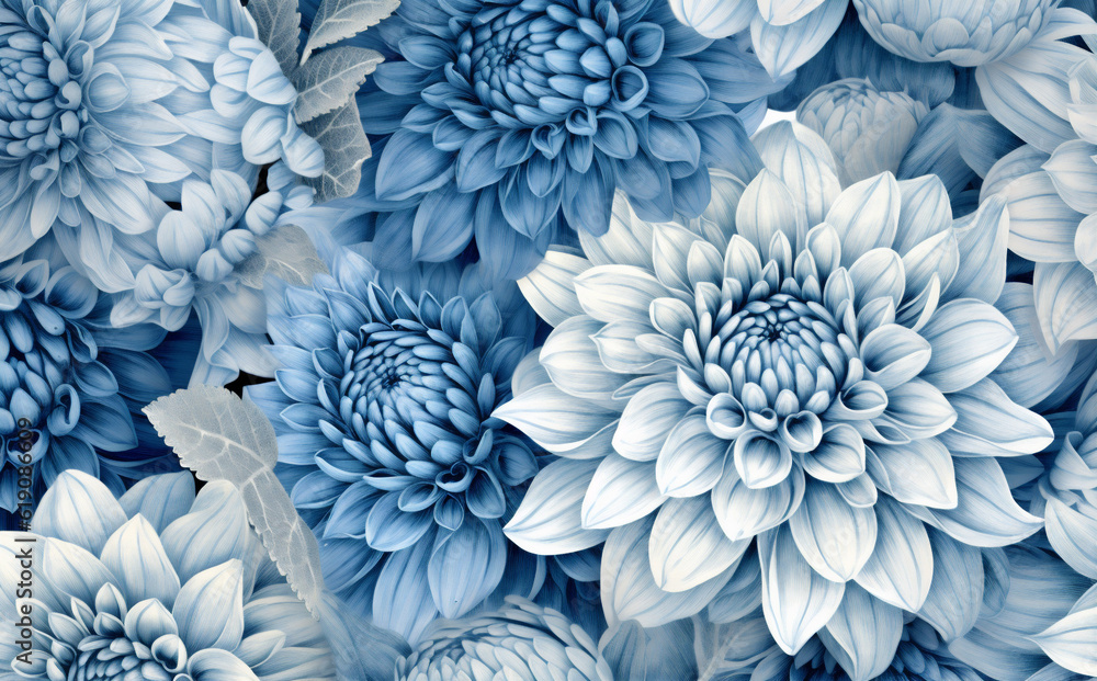 illustration spring flower seamless blue background vintage floral pattern design leaf. Generative AI.