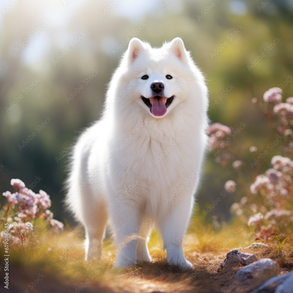 White Samoyed dog portrait. The Samoyed dog makes a variety of naughty and lovely, happy and sad expressions. Generative Ai. White Samoyed dog portrait. The Samoyed dog makes a variety of naughty and lovely, happy and sad expressions. Generative Ai.