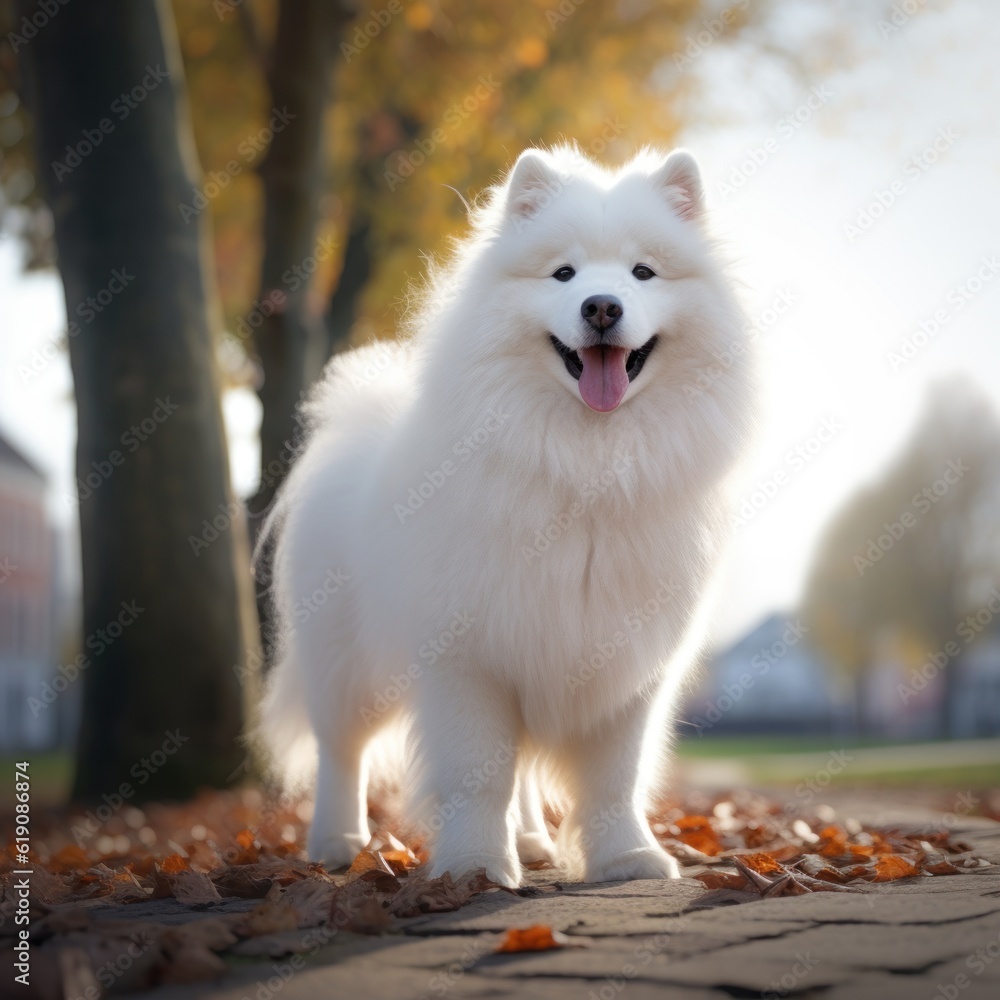 White Samoyed dog portrait. The Samoyed dog makes a variety of naughty and lovely, happy and sad expressions. Generative Ai.