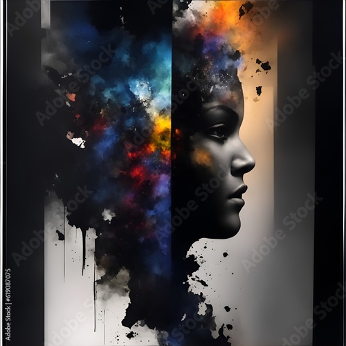 Photo of a colorful and abstract portrait of a woman surrounded by swirling smoke