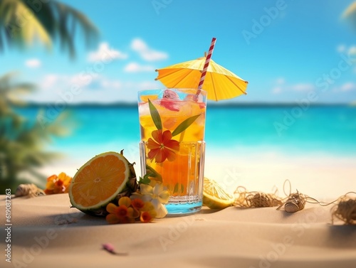 Tropical drink on sandy beach, summer vibes, 3D illustration,Ai Generative 