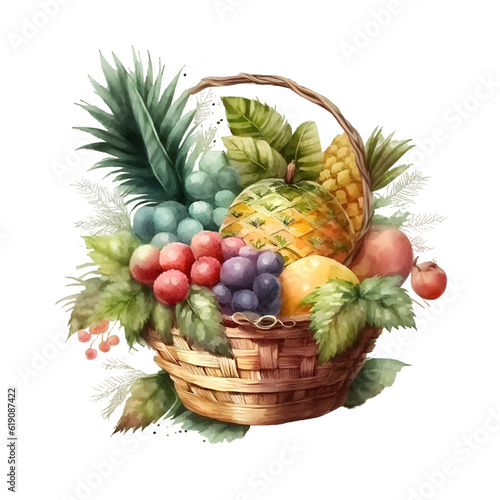 Watercolor fruit basket with tropical fruits Generative AI, png image.