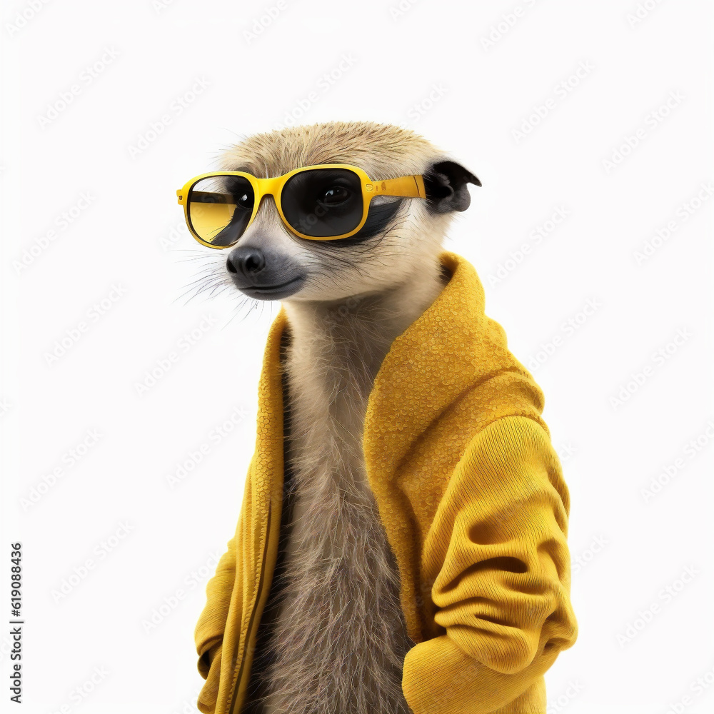 A cool, stylish, hip meerkat wearing sunglasses on a white background. Generative ai.