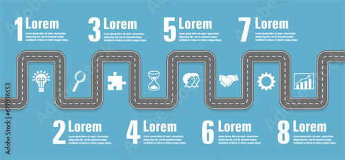 Business plan and strategies. Infographic with road in eight steps. Starting with idea to start up business. Vector illustration.
