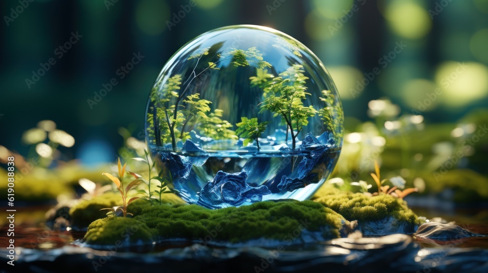 Globe planet glass In a green forest with bokeh nature lights. world environment day. the concep for environment conservation, protect ecology earth and eco-friendly environmental life. Generative Ai. Globe planet glass In a green forest with bokeh nature lights. world environment day. the concep for environment conservation, protect ecology earth and eco-friendly environmental life. Generative Ai.